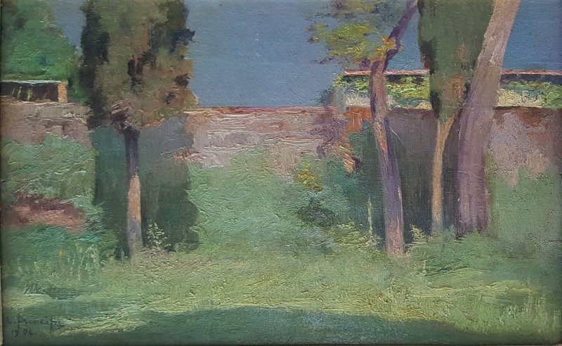 1904 - Paesaggio con alberi e muro
